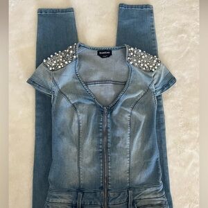 Bebe Light Denim Embellished Shoulders Jumpsuit
